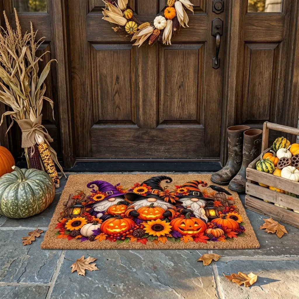 Halloween Gnome Doormat, Witch Gnomes & Pumpkins Coir Mat, Cute Spooky Fall Welcome Mat, Halloween Porch Decor, Autumn Door Mat
