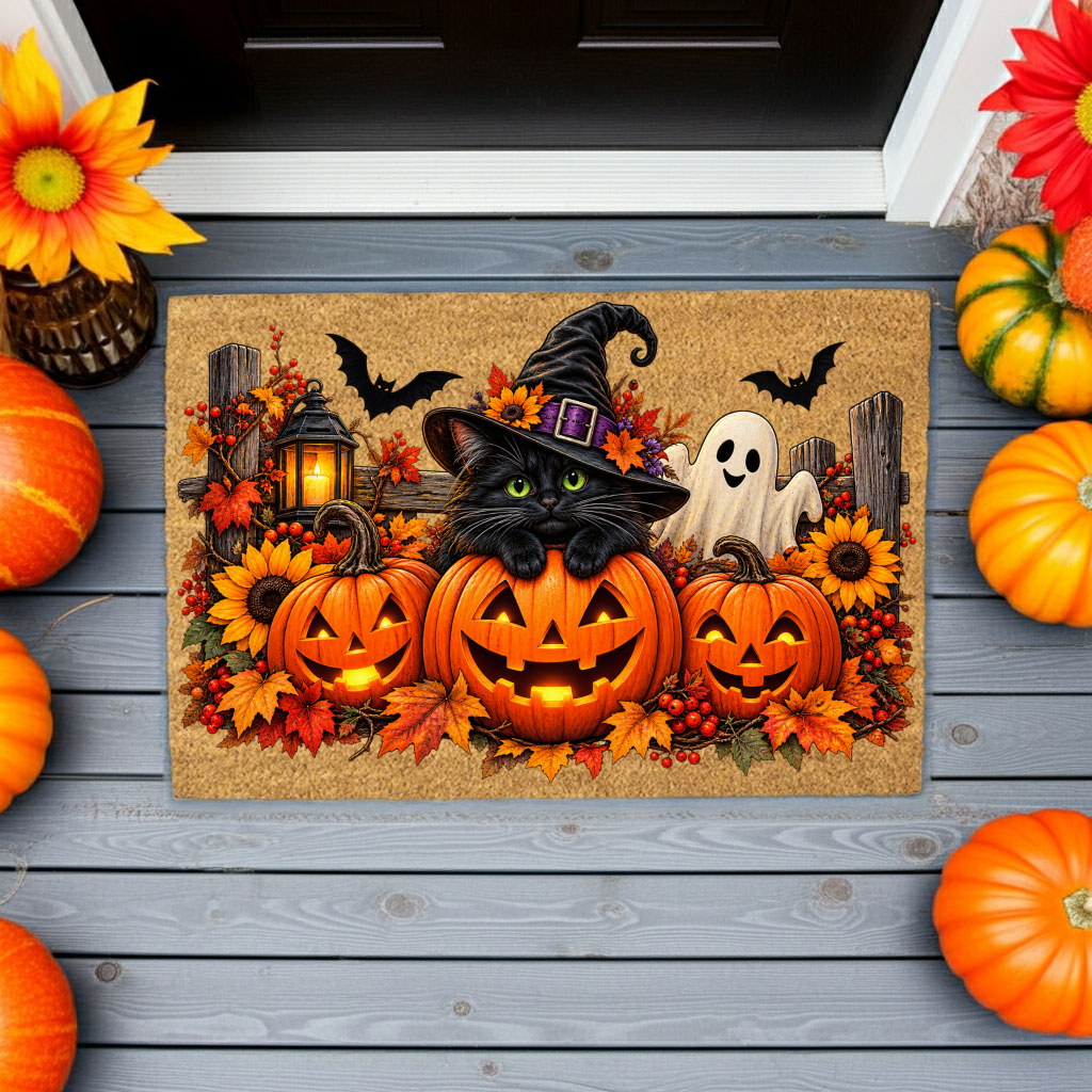 Halloween Cat Doormat, Black Cat Pumpkin Coir Mat, Cute Ghost Welcome Mat, Witch Cat Fall Porch Decor, Spooky Halloween Door Mat