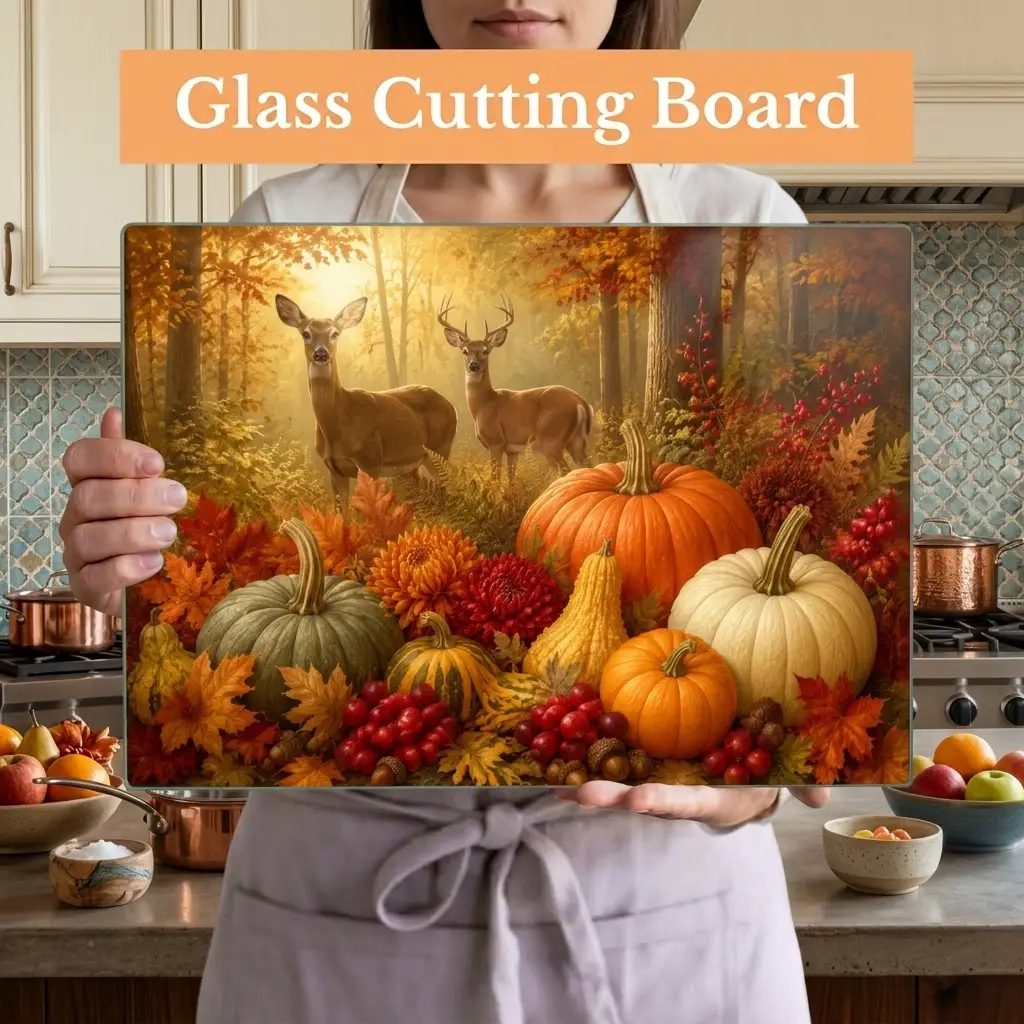 Deer Glass Cutting Board, Woodland Fall Kitchen Decor, Pumpkin Harvest Cutting Board, Rustic Autumn Gift