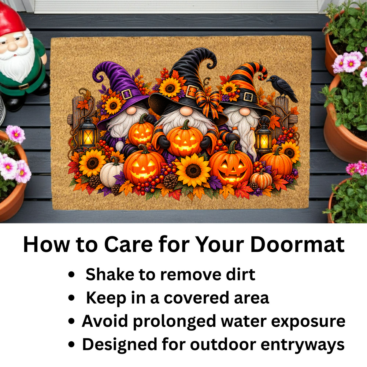 Halloween Gnome Doormat, Witch Gnomes & Pumpkins Coir Mat, Cute Spooky Fall Welcome Mat, Halloween Porch Decor, Autumn Door Mat