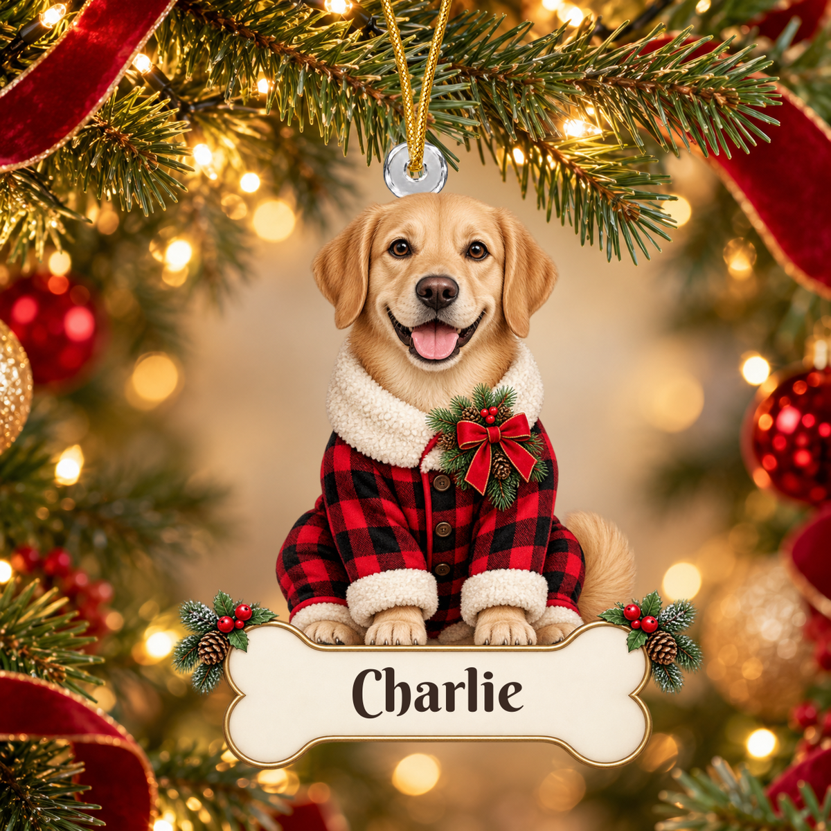 Personalized Dog Buffalo Plaid Pajamas Christmas Ornament from Photo, Custom Pet Portrait Acrylic Ornament, Rustic Holiday Dog Lover Gift