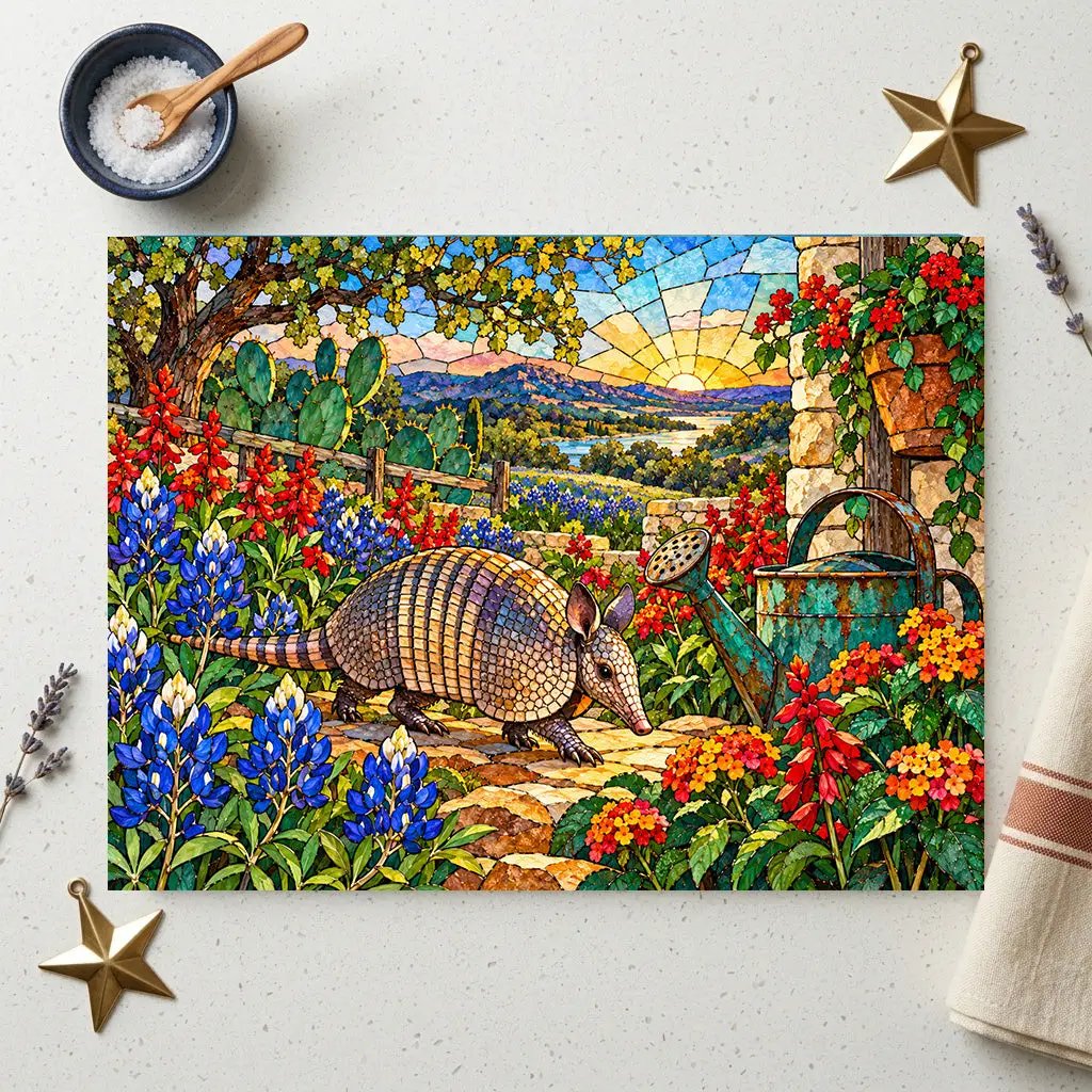 Texas Armadillo Glass Cutting Board, Stained Glass Bluebonnet Kitchen Decor, Colorful Lone Star State Gift