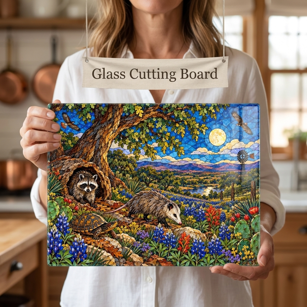 Raccoon and Possum Glass Cutting Board, Texas Wildlife Kitchen Decor, Opossum Raccoon Gift, Bluebonnet Country Cutting Board