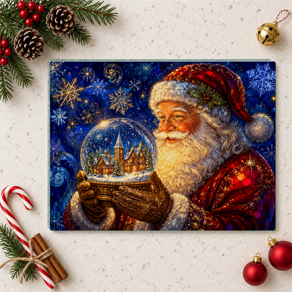 Santa Snow Globe Glass Cutting Board, Stained Glass Christmas Decor, Santa Claus Kitchen Gift, Holiday Serving Board, Christmas Gift