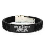 Papillon Dog Lovers Gift, Funny Inspirational Quote Life Is Better With My Papillon Glide lock Clasp Black Stainless Steel Silicone Adjustable Bracelet, Mother's Day Unique Gifts for Dog Owners