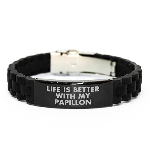 Papillon Dog Lovers Gift, Funny Inspirational Quote Life Is Better With My Papillon Glide lock Clasp Black Stainless Steel Silicone Adjustable Bracelet, Mother's Day Unique Gifts for Dog Owners