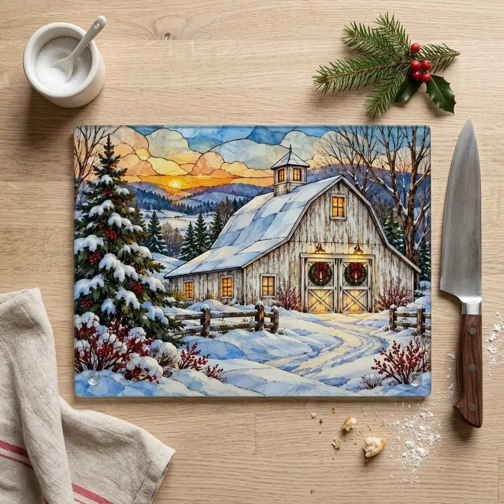 White Barn Glass Cutting Board, Christmas Farmhouse Decor, Winter Country Kitchen, Rustic Holiday Gift, Snowy Barn Christmas Decor