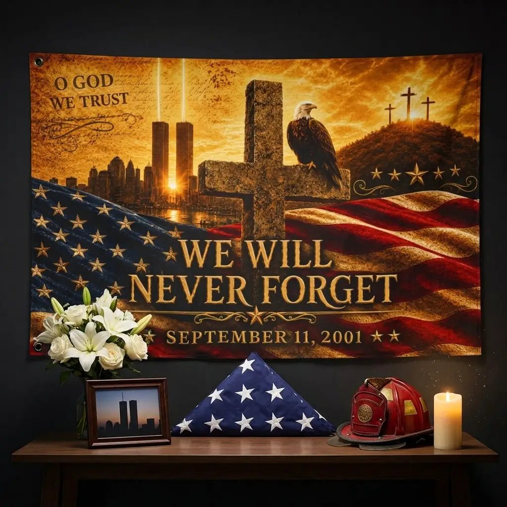 We Will Never Forget Flag, In God We Trust, Double Sided American Flag with Grommets,9/11 Christian Memorial Flag