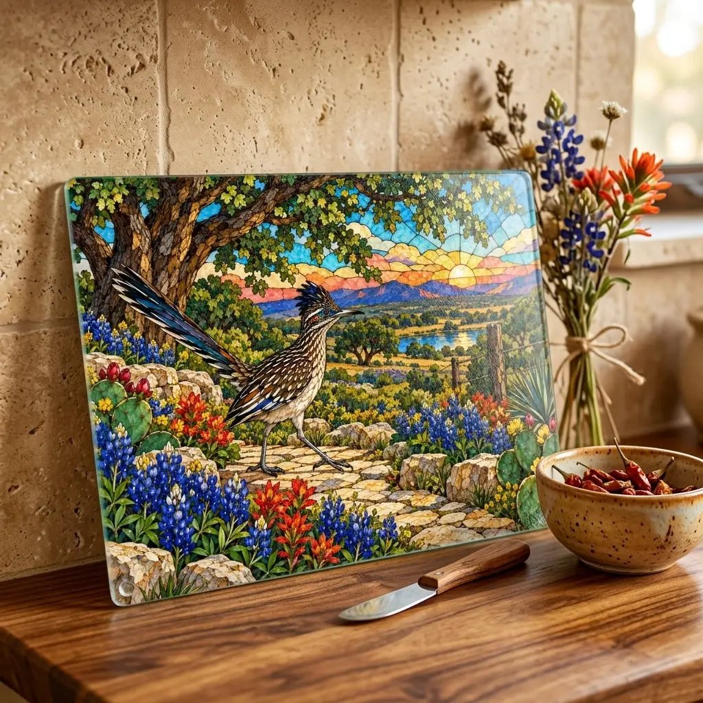 Texas Roadrunner Glass Cutting Board, Bluebonnet Kitchen Decor, Hill Country Wildlife Art, Southwestern Bird Gift, Texas Housewarming