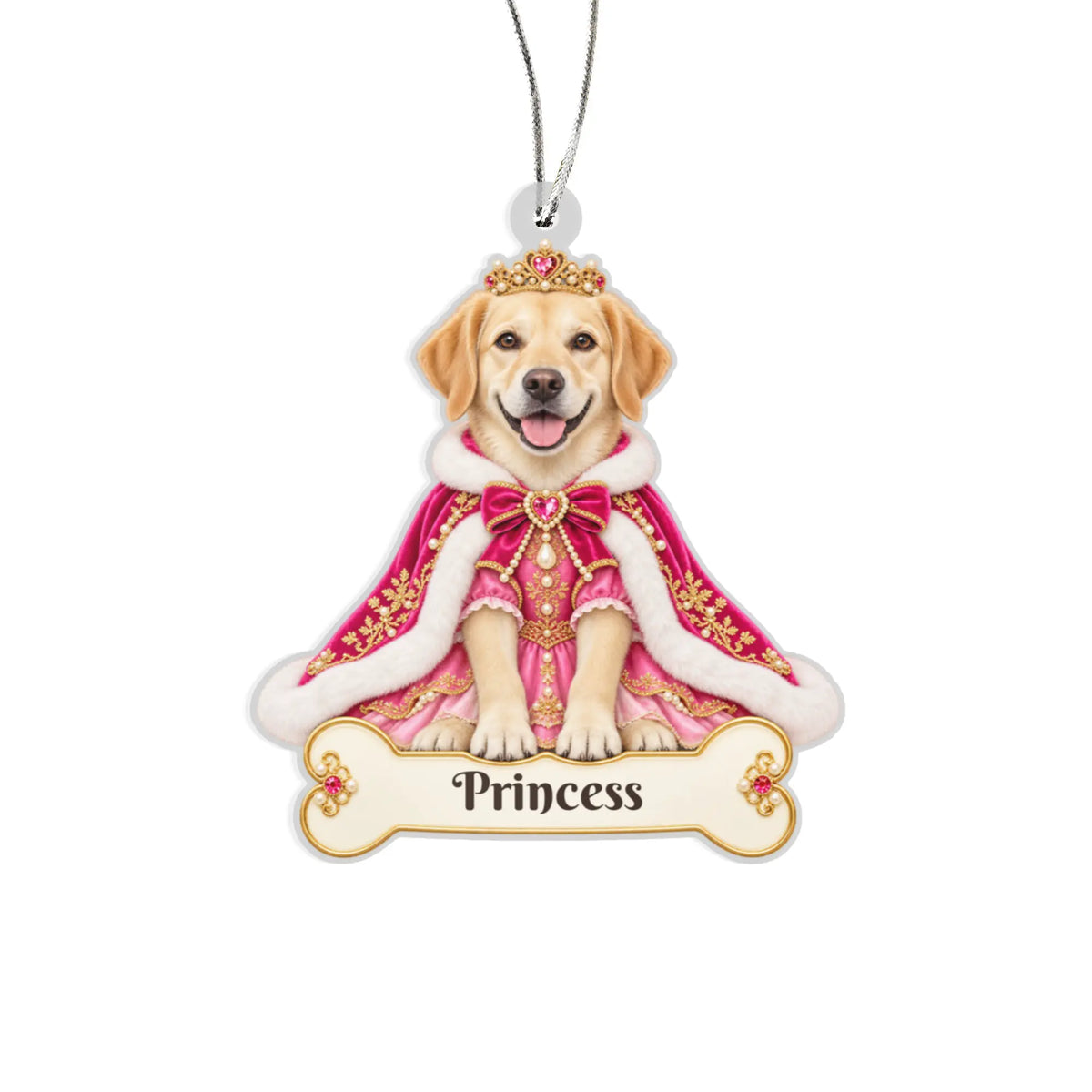 Personalized Princess Dog Ornament from Photo, Custom Pet Portrait Acrylic Cutout, Pink Royal Puppy Christmas Ornament, Dog Mom Gift