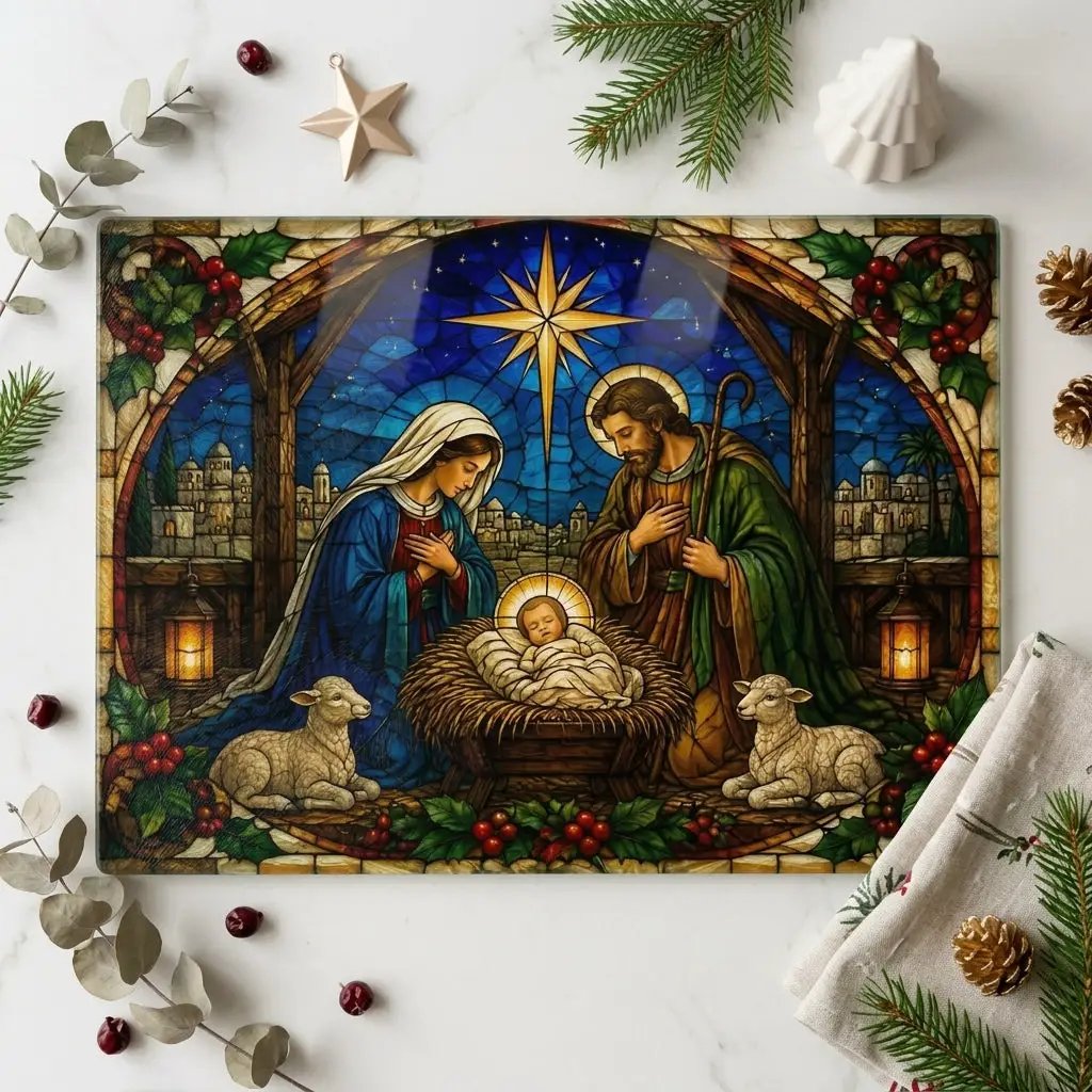 Nativity Glass Cutting Board, Stained Glass Christmas Decor, Holy Family Christian Kitchen Gift, Religious Christmas Cutting Board