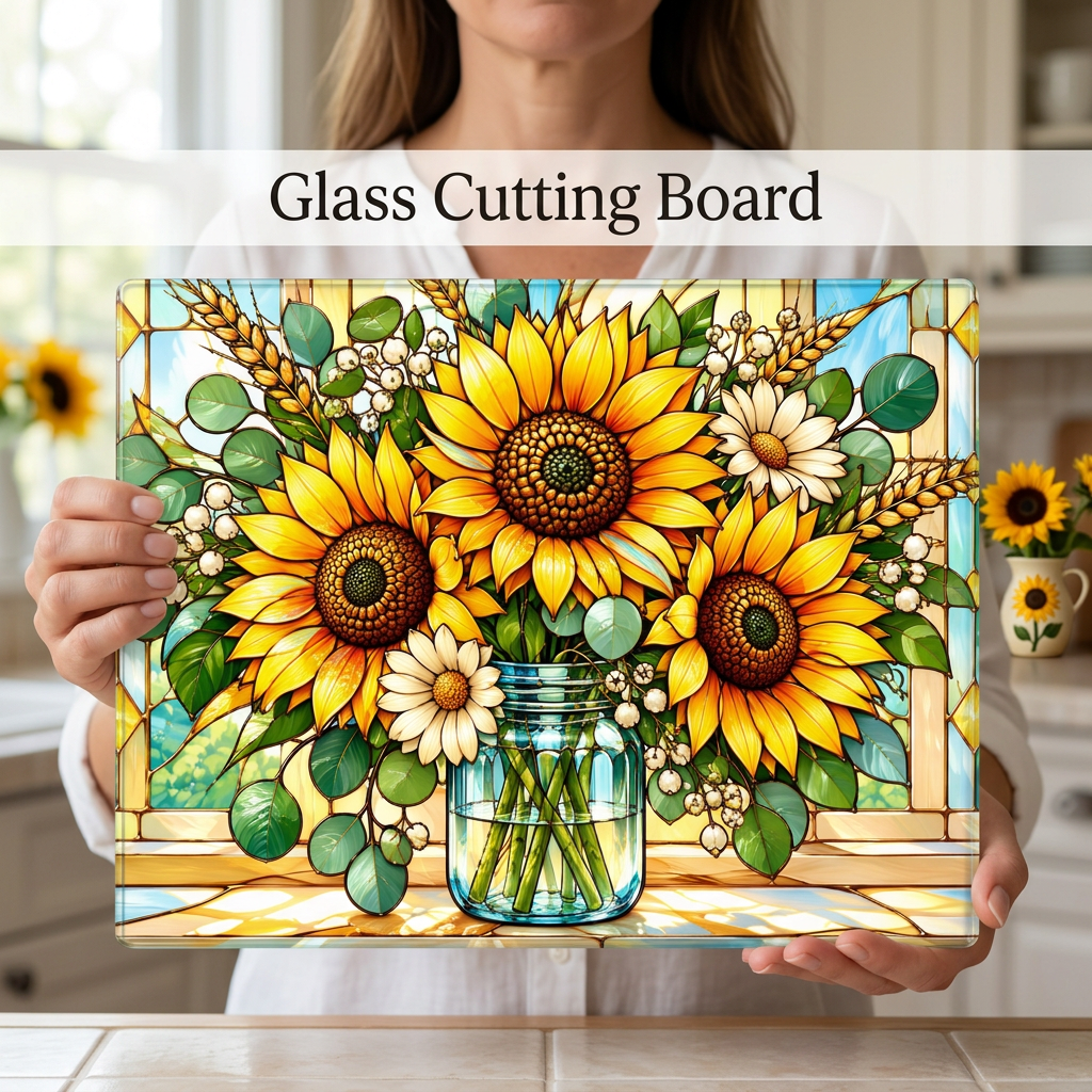 Sunflower Glass Cutting Board, Mason Jar Floral Kitchen Decor, Stained Glass Flower Board, Sunflower Gift for Mom, Cottage Kitchen Gift