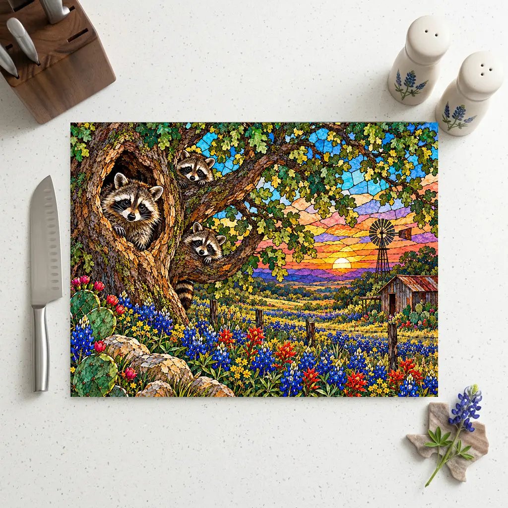 Raccoon Family Glass Cutting Board, Raccoon Lover Gift, Texas Bluebonnet Kitchen Decor, Country Wildlife Cutting Board, Rustic Farmhouse Gift