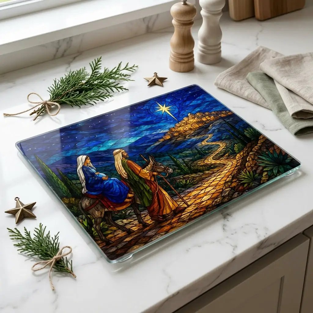 Road to Bethlehem Glass Cutting Board, Christian Christmas Gift, Mary and Joseph Nativity Decor, Religious Christmas Kitchen Decor
