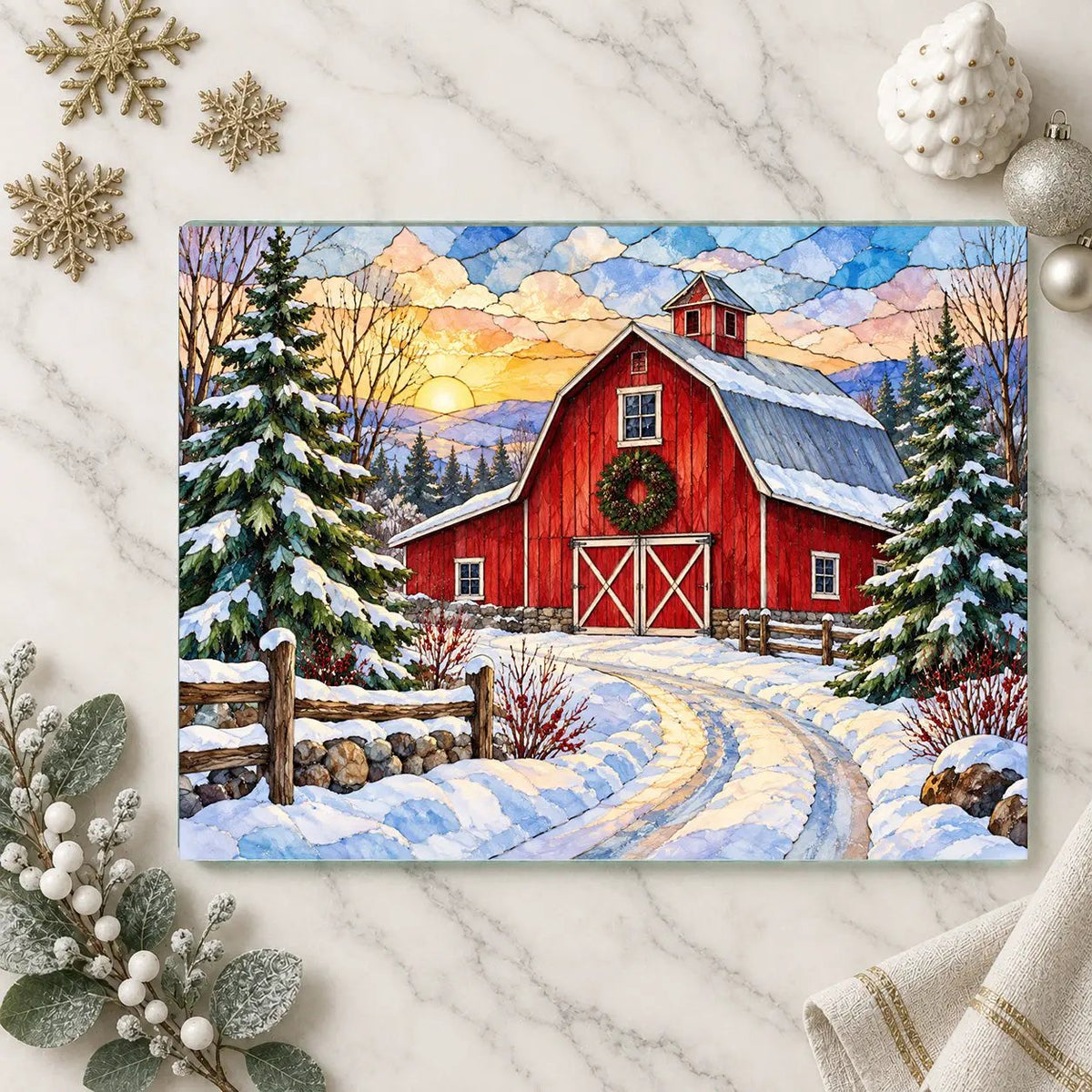 Winter Red Barn Glass Cutting Board, Snowy Country Road Farmhouse Kitchen Decor, Rustic Christmas Barn Gift