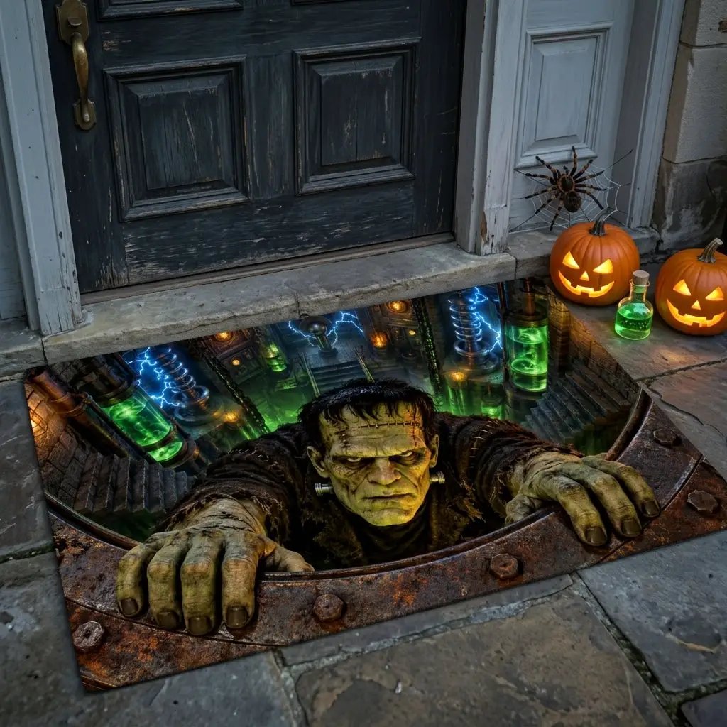 Frankenstein 3D Illusion Doormat, Mad Scientist Laboratory Halloween Door Mat, Monster Welcome Mat, Spooky Halloween Porch Decor