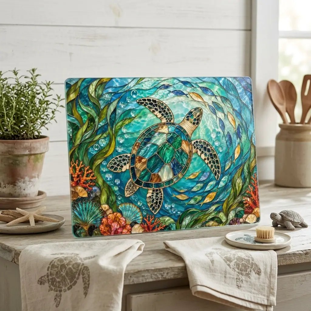 Sea Turtle Glass Cutting Board, Ocean Kitchen Decor, Coastal Serving Board, Underwater Sea Life Chopping Board, Beach House Gift Idea