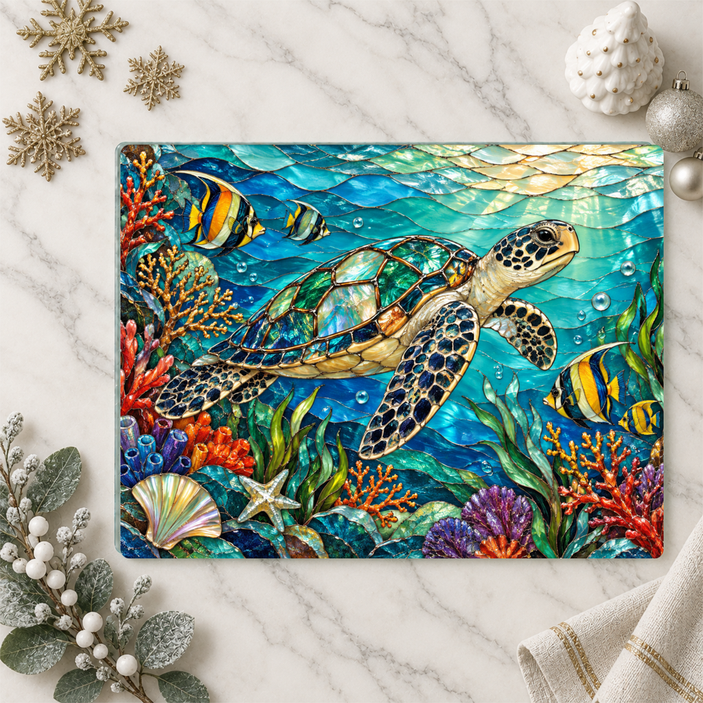 Sea Turtle Reef Glass Cutting Board, Ocean Kitchen Decor, Underwater Coral Sea Life Chopping Board, Coastal Housewarming Gift Idea