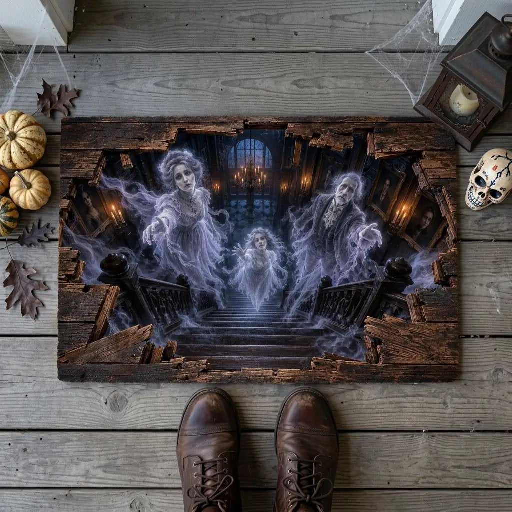 Victorian Ghost 3D Optical Illusion Doormat, Haunted Staircase Floor Mat, Gothic Haunted House Door Mat, Halloween Decor