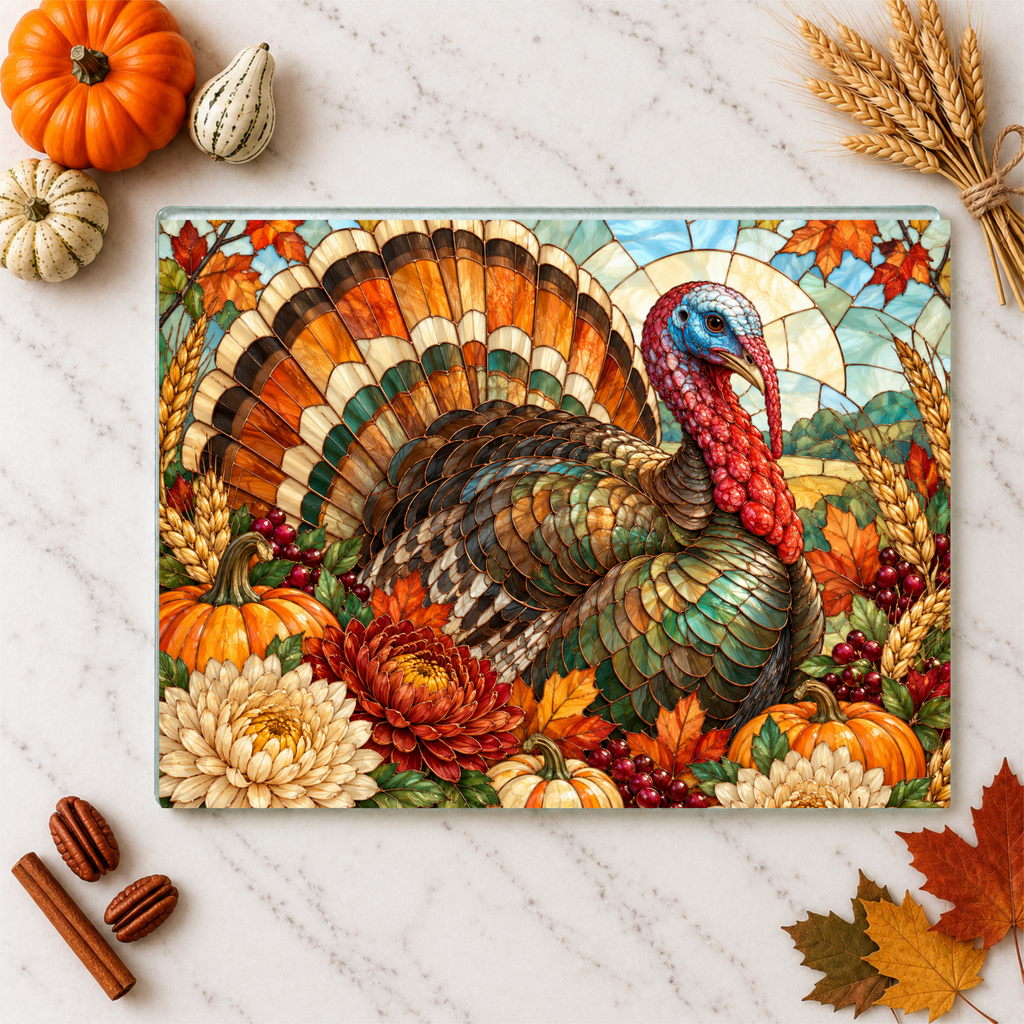 Thanksgiving Turkey Glass Cutting Board, Stained Glass Turkey Kitchen Decor, Fall Floral Harvest Cutting Board, Autumn Gift