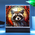 Raccoon Stained Glass Acrylic LED Light Plaque – Custom Animal Art Gift with Wooden Base