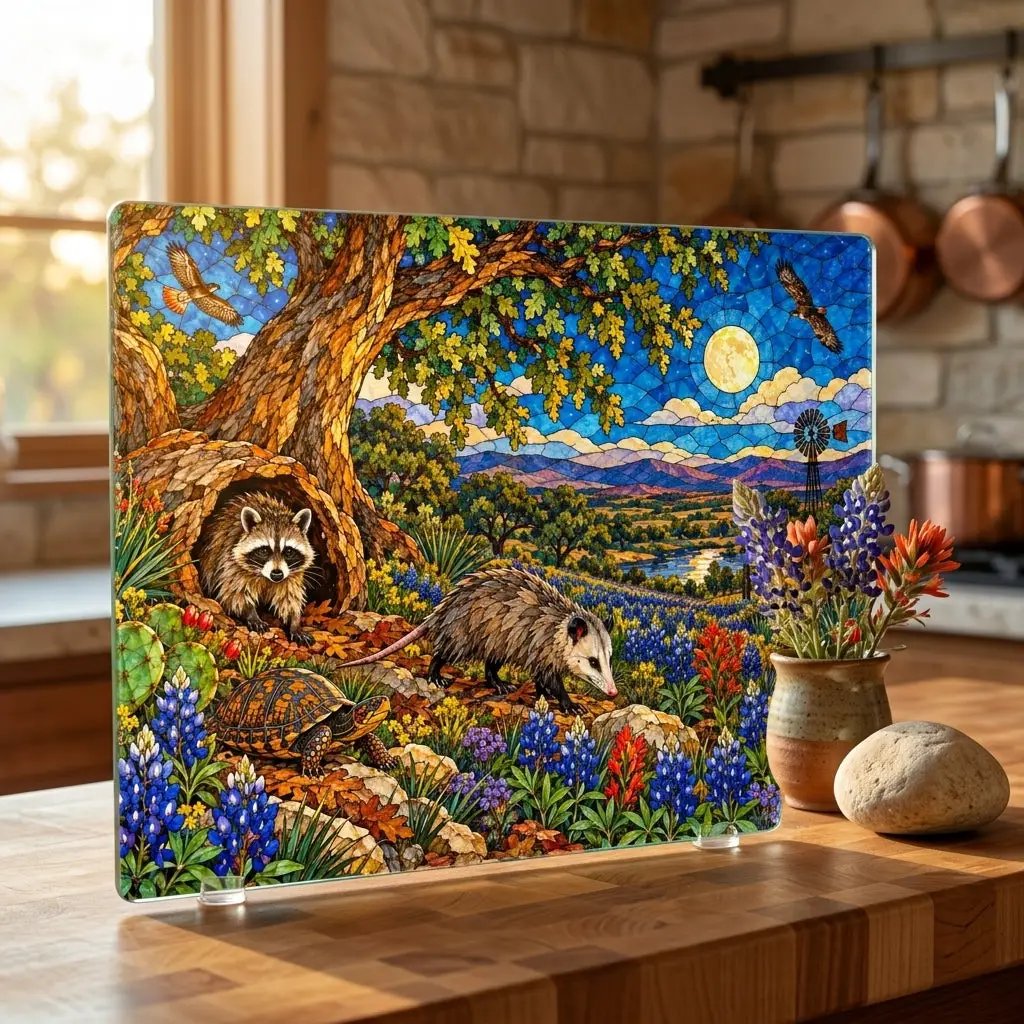 Raccoon and Possum Glass Cutting Board, Texas Wildlife Kitchen Decor, Opossum Raccoon Gift, Bluebonnet Country Cutting Board