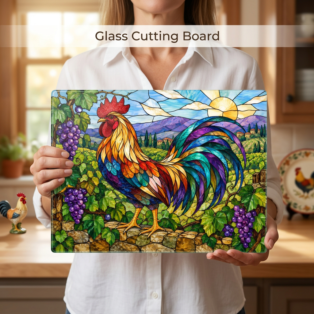 Rooster Glass Cutting Board, Vineyard Kitchen Decor, Colorful Stained Glass Rooster, Tuscan Country Kitchen Gift, Grape Vine Decor