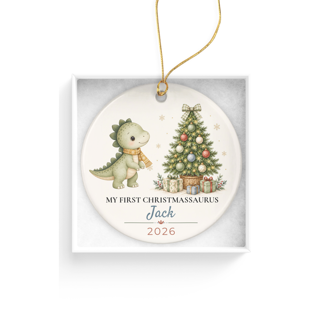 Personalized Dinosaur Christmas Ornament, Baby 1st 2nd 3rd Christmas, Custom Name Year, Christmassaurus Ceramic Keepsake