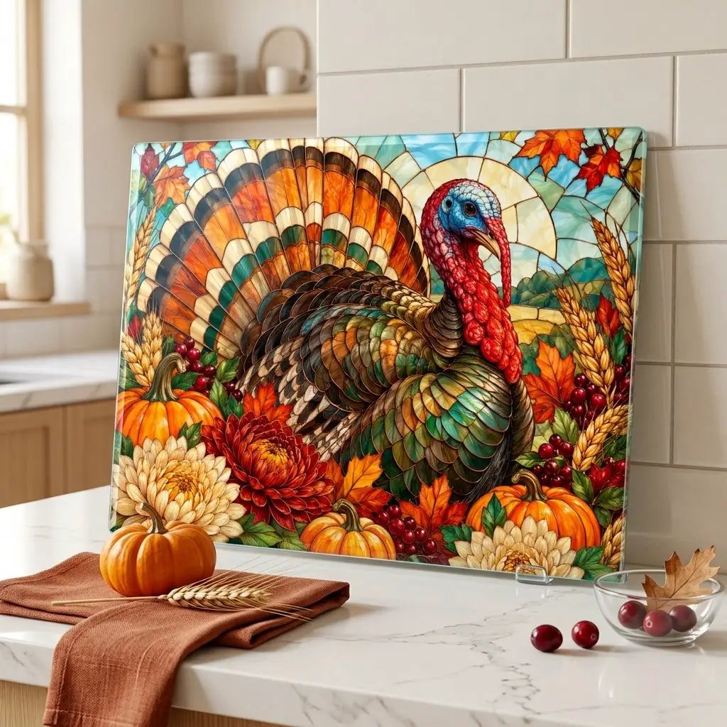 Thanksgiving Turkey Glass Cutting Board, Stained Glass Turkey Kitchen Decor, Fall Floral Harvest Cutting Board, Autumn Gift