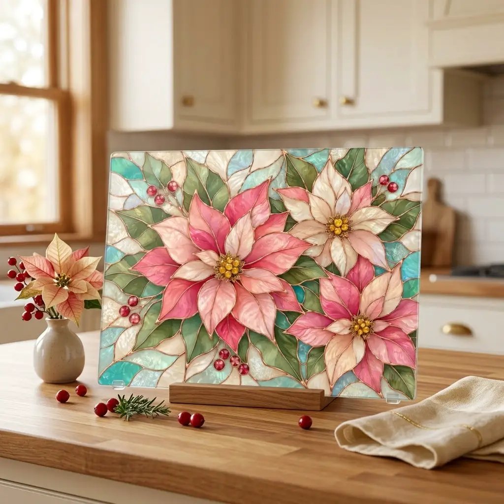 Pink Poinsettia Glass Cutting Board, Christmas Floral Kitchen Decor, Tempered Chopping Board, Holiday Hostess Gift, Serving Board for Home