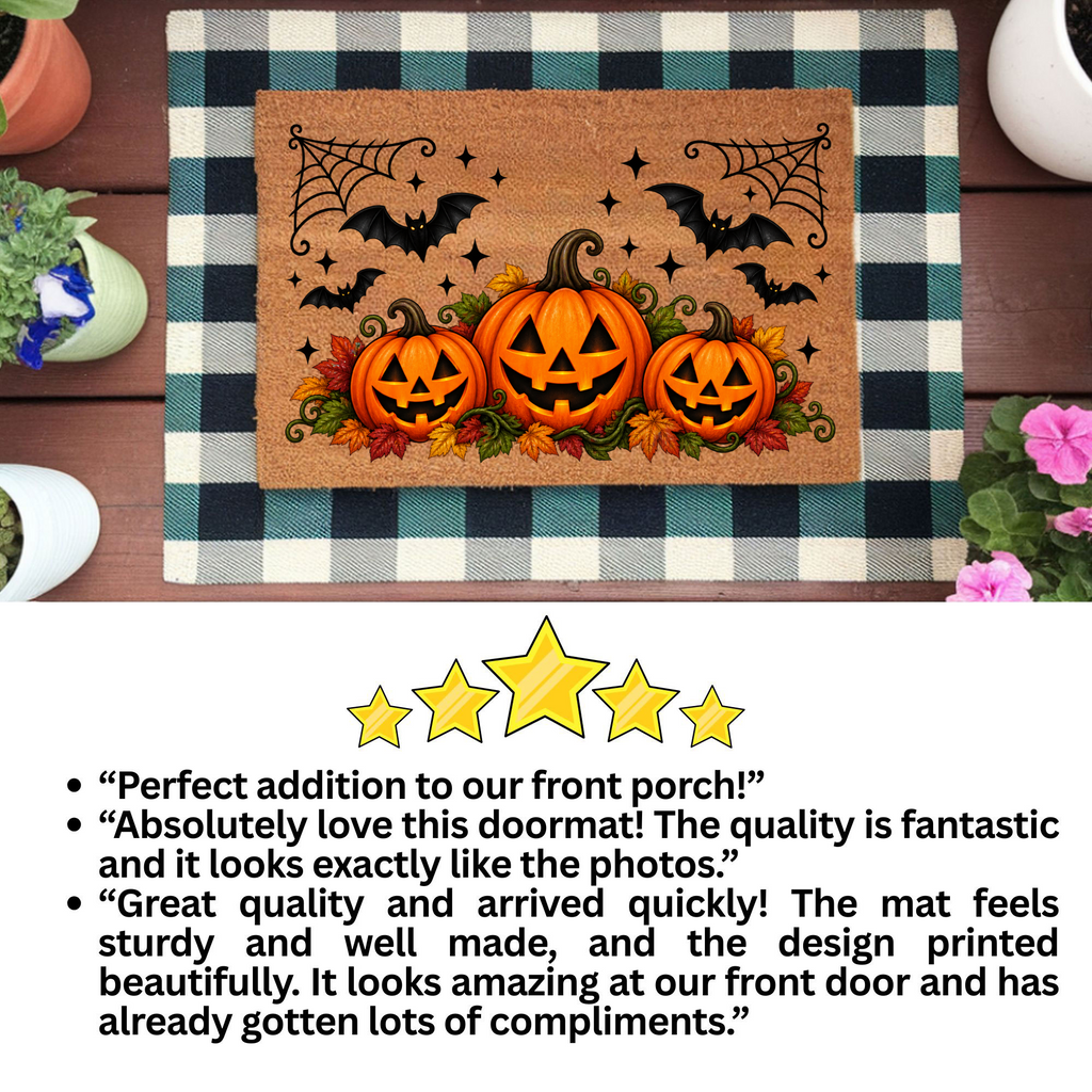 Halloween Pumpkin Doormat, Jack O Lantern Coir Welcome Mat, Fall Front Porch Decor, Spooky Bat Door Mat, Autumn Halloween Entryway