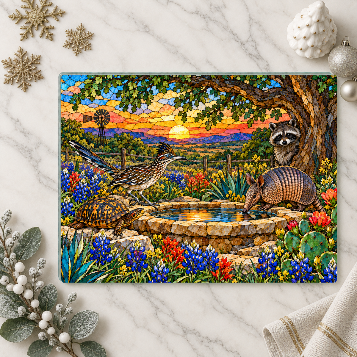 Texas Wildlife Glass Cutting Board, Roadrunner Armadillo Raccoon Bluebonnet Kitchen Decor, Waterhole Texas Gift, Colorful Southwest Art