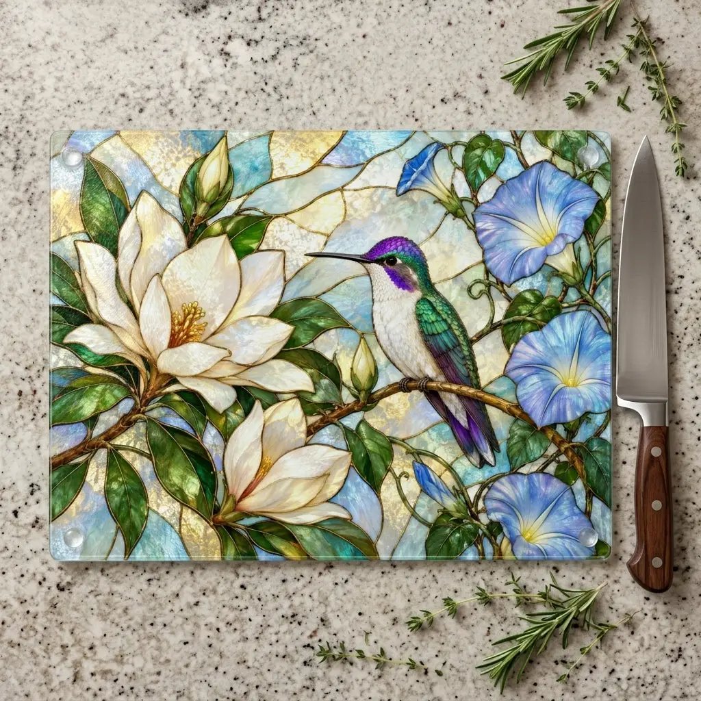 Hummingbird Cutting Board, Stained Glass Bird Decor, Magnolia Flower Kitchen Decor, Morning Glory Gift, Nature Lover Gift