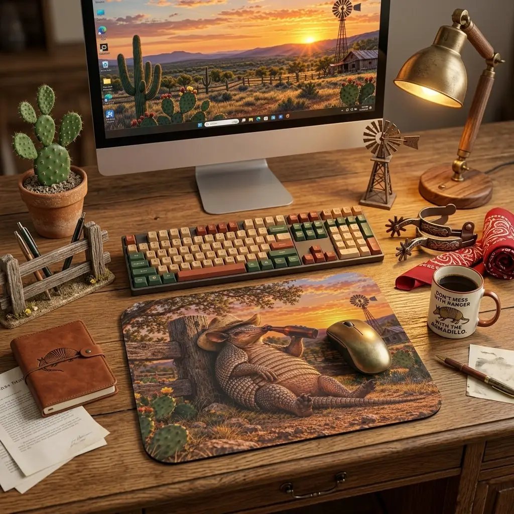 Funny Armadillo Mouse Pad, Texas Cowboy Desk Decor, Beer Lover Gift, Western Office Accessory, Funny Texas Gift for Him