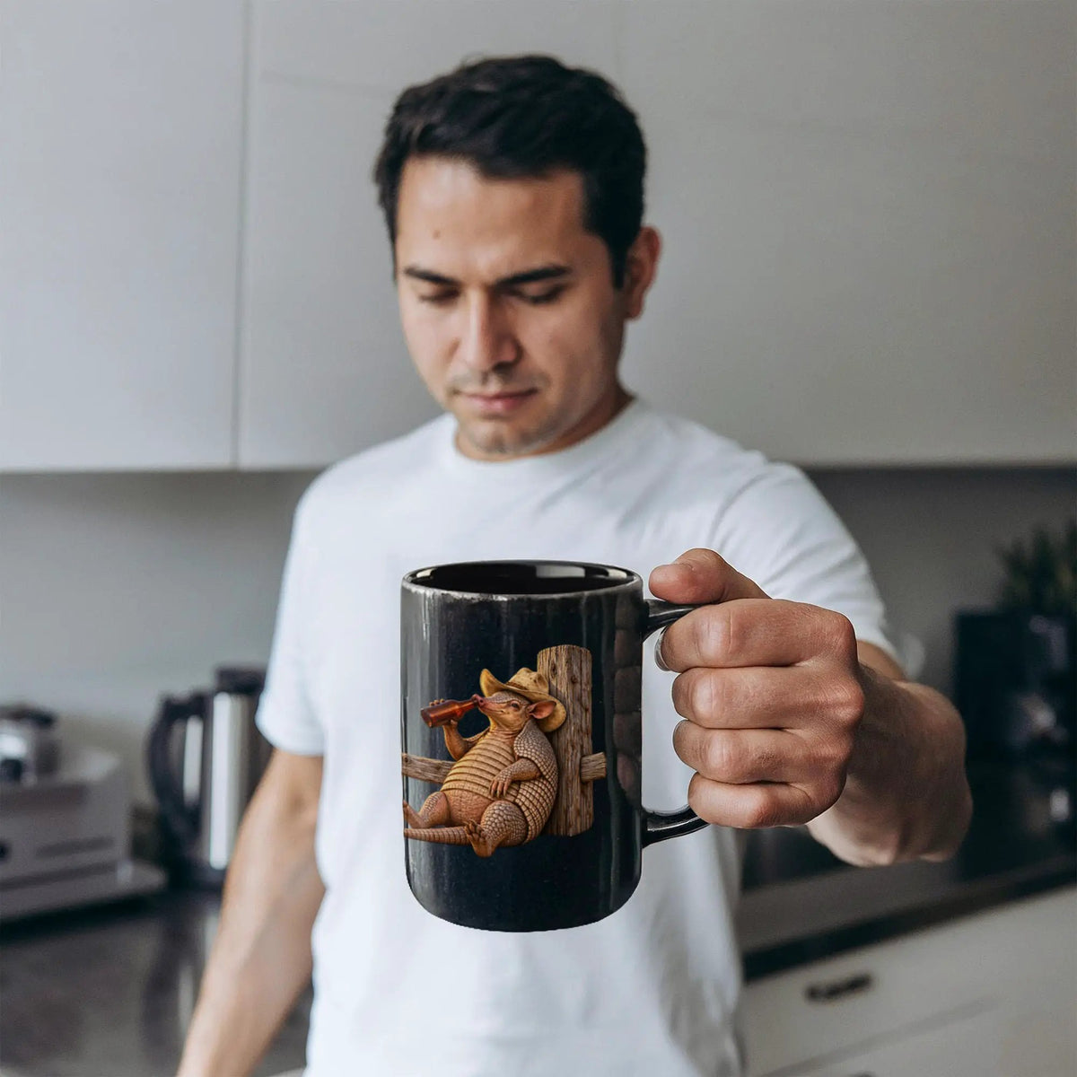 Funny Armadillo Black Coffee Mug, Texas Cowboy Mug, Beer Drinking Armadillo Gift, Western Coffee Cup, Funny Texas Gift for Him