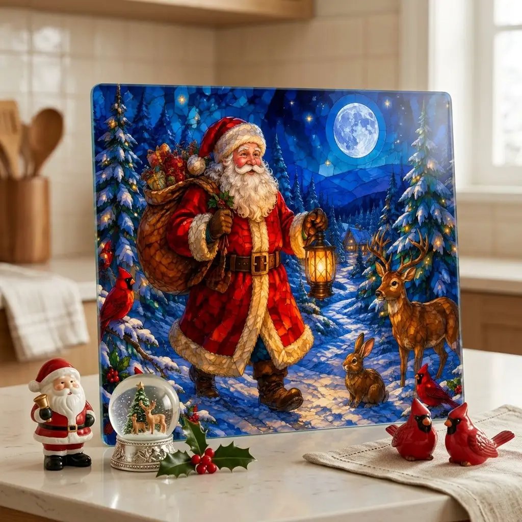 Santa Christmas Glass Cutting Board, Woodland Santa Kitchen Decor, Stained Glass Christmas Art, Cardinal Deer Holiday Gift