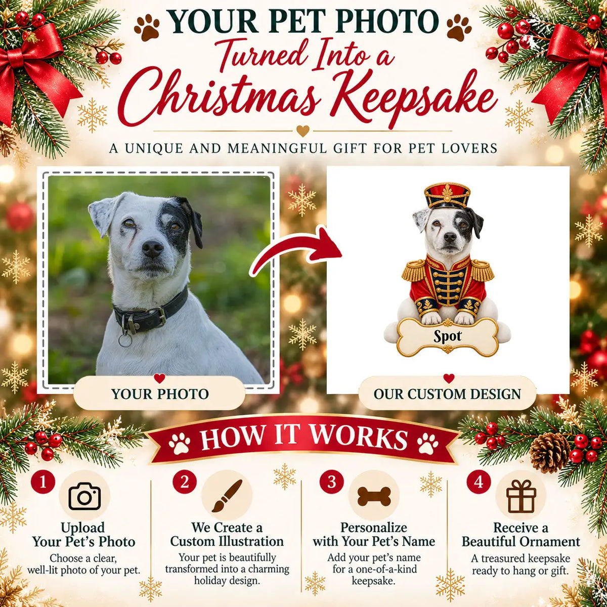 Personalized Nutcracker Dog Christmas Ornament from Photo, Custom Pet Portrait Acrylic Cutout, Nutcracker Soldier Holiday Dog Lover Gift