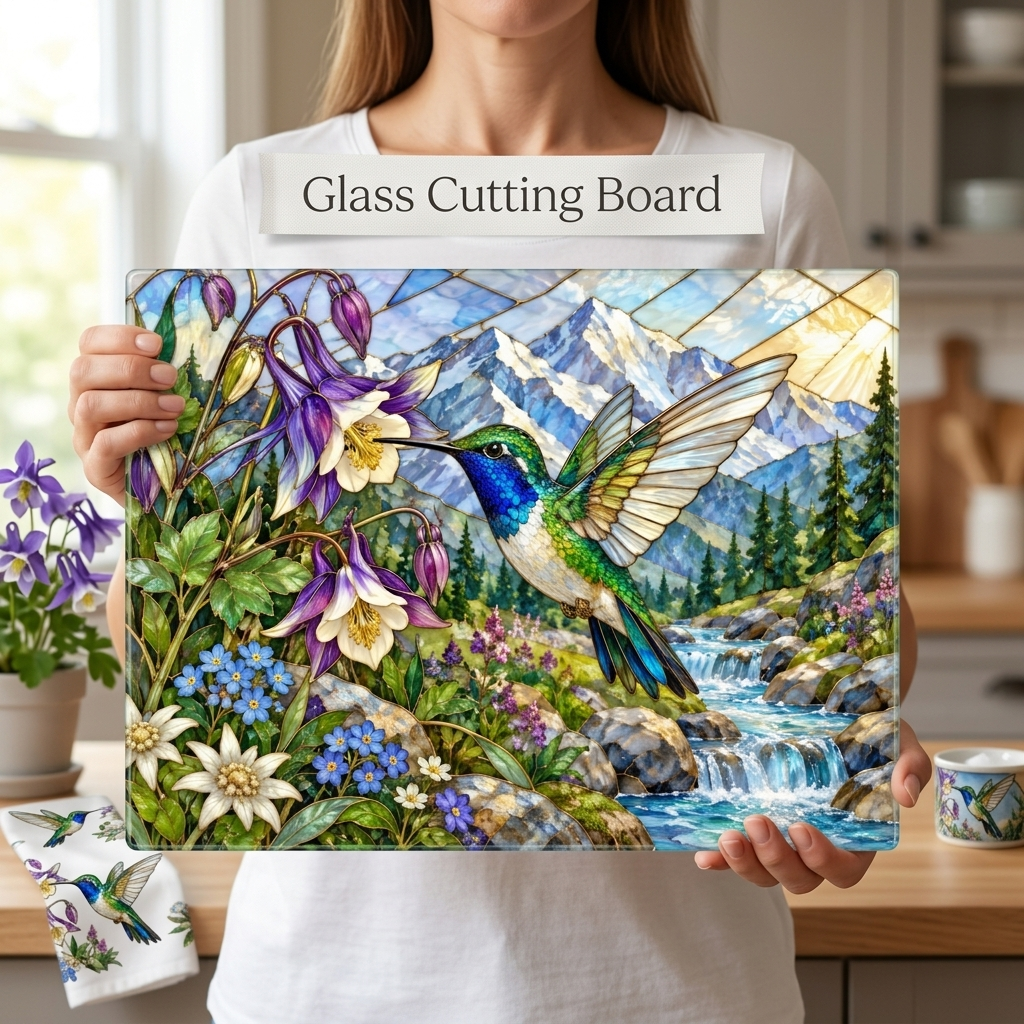 Hummingbird Glass Cutting Board, Stained Glass Mountain Art, Columbine Flower Kitchen Decor, Bird Lover Gift, Alpine Nature Cutting Board