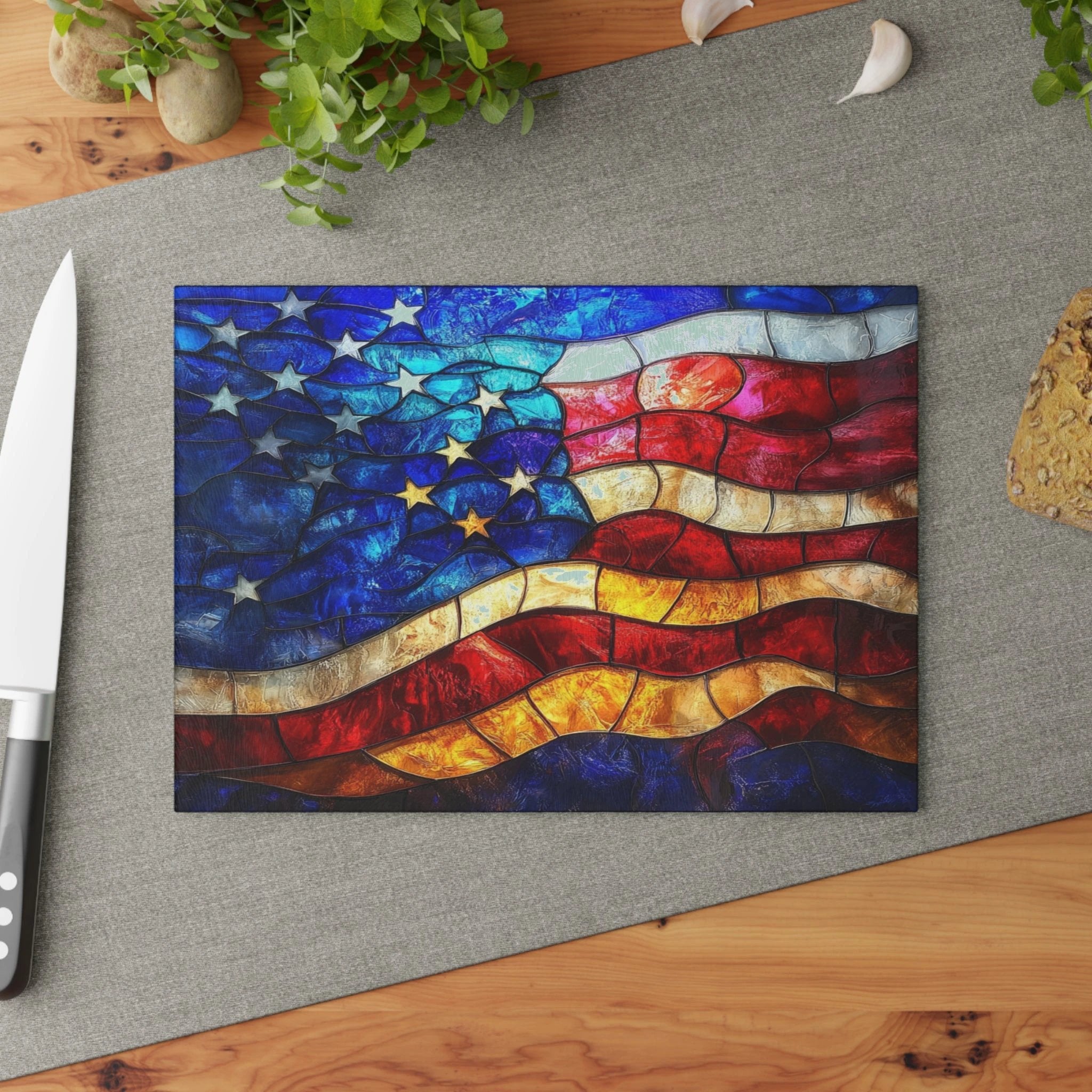American Flag Glass Cutting Board — Stained-Glass Patriotic Kitchen Decor
