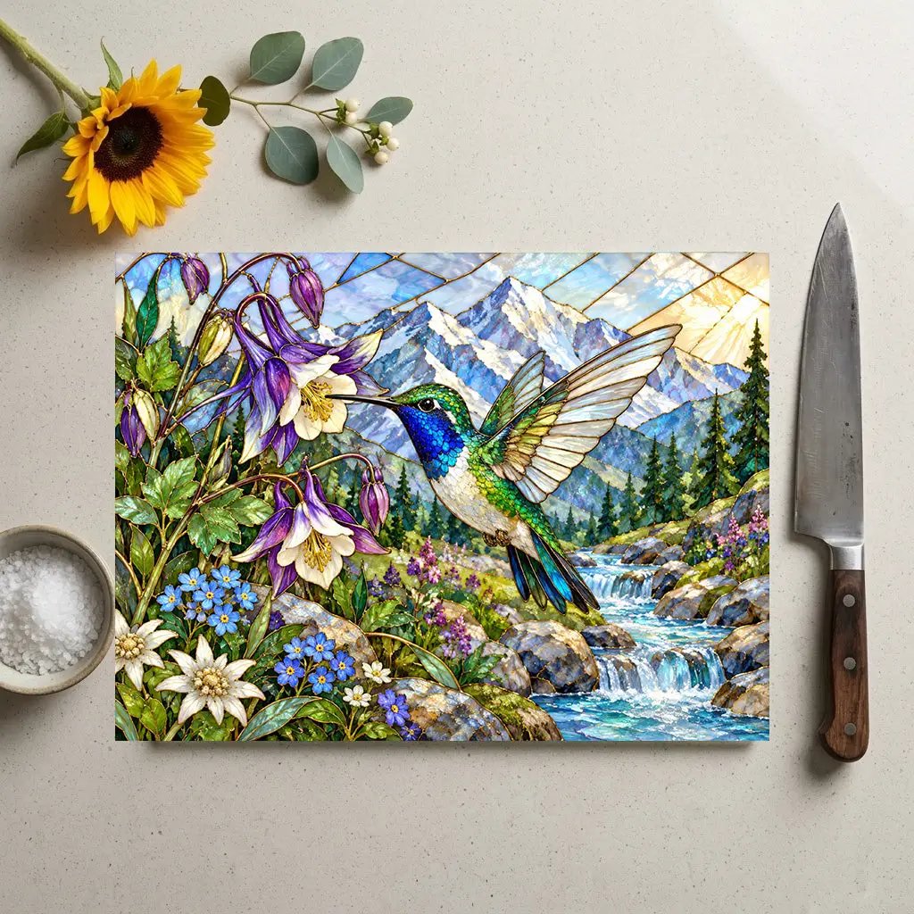 Hummingbird Glass Cutting Board, Stained Glass Mountain Art, Columbine Flower Kitchen Decor, Bird Lover Gift, Alpine Nature Cutting Board
