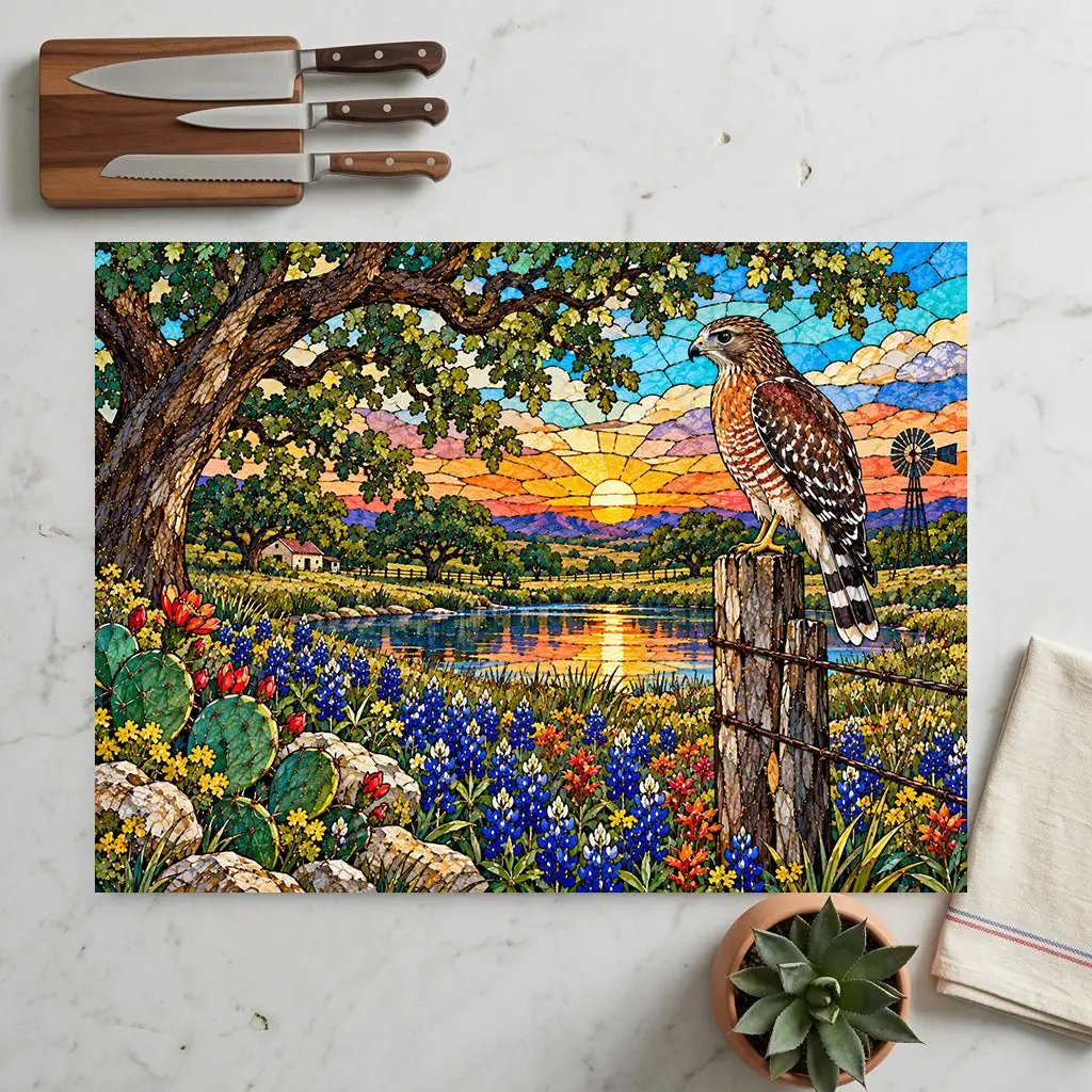Red Shouldered Hawk Glass Cutting Board, Texas Wildlife Kitchen Decor, Bluebonnet Hawk Art, Bird Lover Gift, Rustic Texas Gift