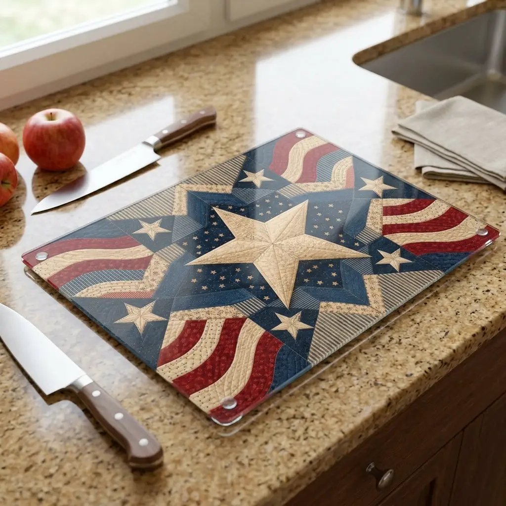 Patriotic Quilt Cutting Board, American Flag Glass Cutting Board, Americana Star Kitchen Decor, Quilter Gift, Red White Blue Decor