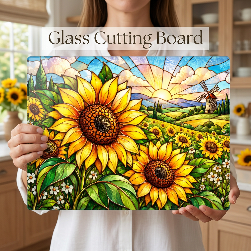Sunflower Glass Cutting Board, Windmill Kitchen Decor, Sunflower Meadow Cutting Board, Country Floral Gift, Stained Glass Kitchen Art