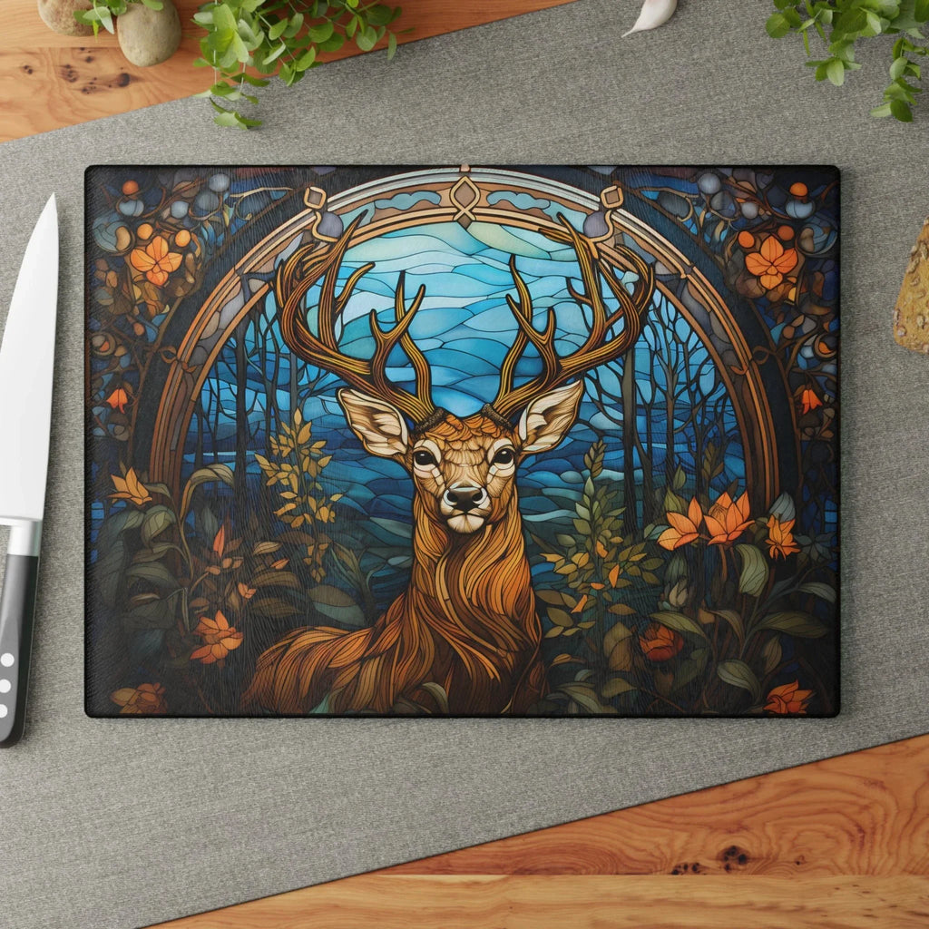 Glass Cutting Board - Stained Glass Stag Design