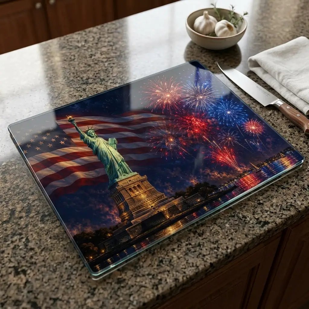 Statue of Liberty Cutting Board, American Flag Glass Cutting Board, 4th of July Kitchen Decor, Patriotic Gift, Americana Decor