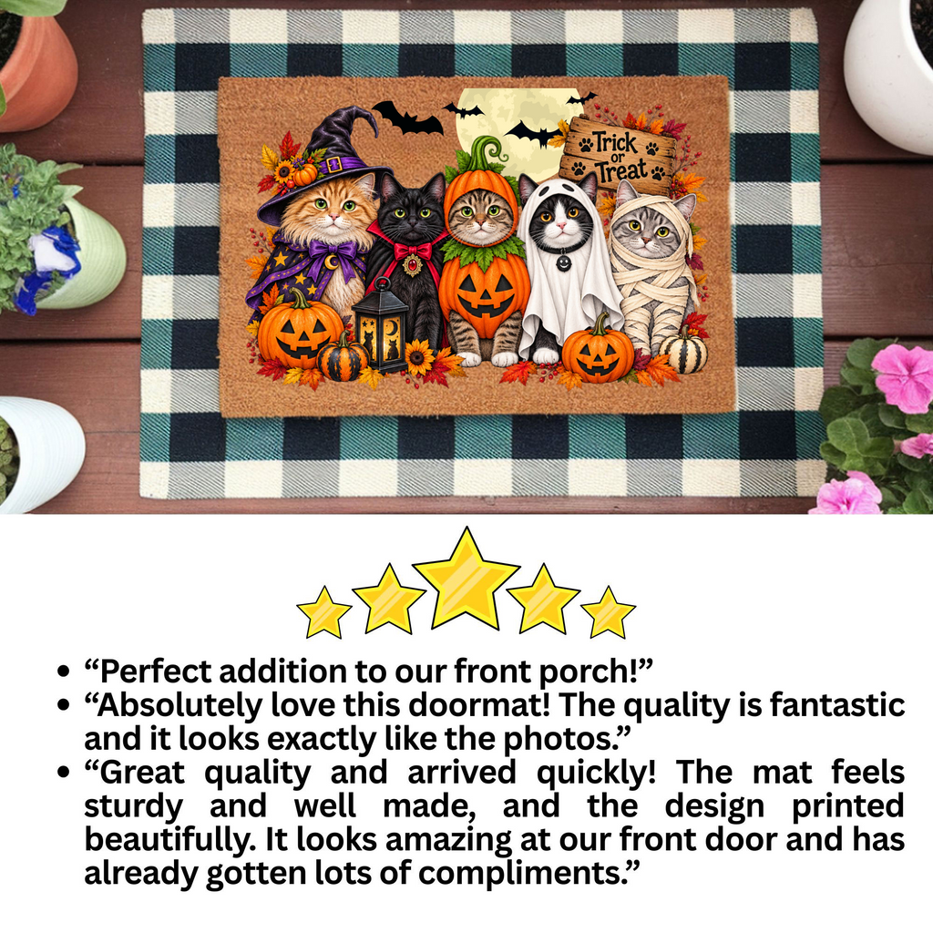 Halloween Cat Doormat, Funny Costumed Cats Coir Welcome Mat, Trick or Treat Porch Decor, Fall Cat Lover Gift, Spooky Front Door Mat