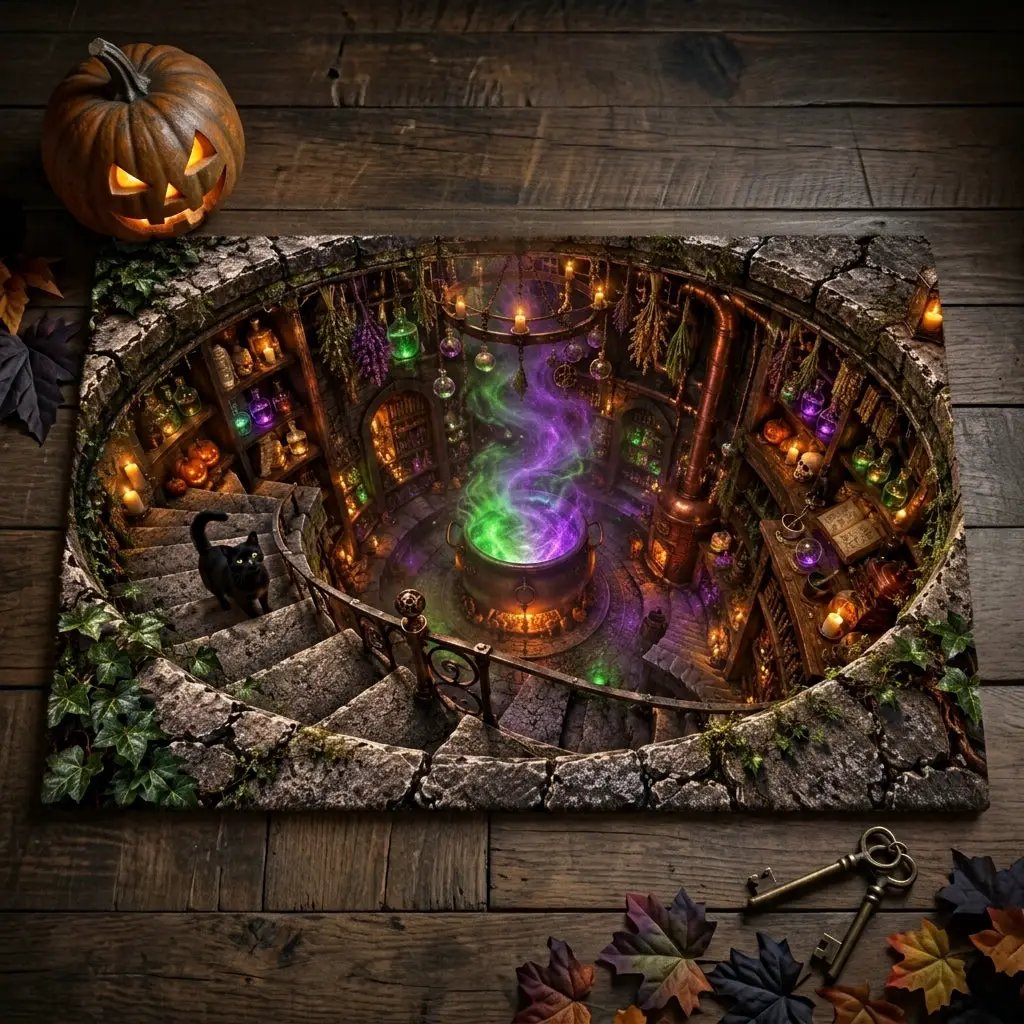 Witch Cauldron Halloween Doormat, 3D Witch Stairwell Illusion Door Mat, Black Cat Spooky Welcome Mat, Witchy Halloween Decor