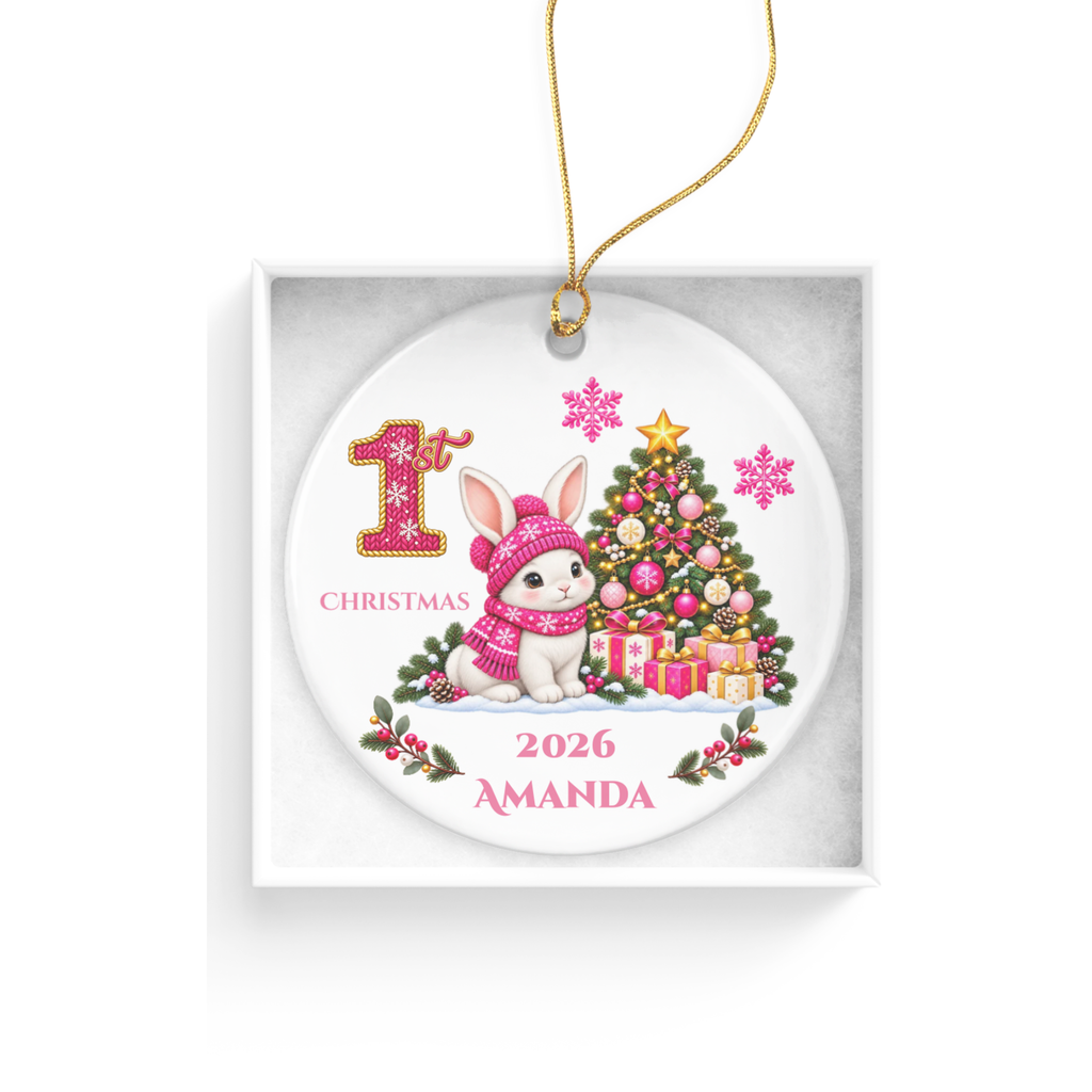 Baby Bunny Personalized Christmas Ornament. Baby's 1st 2nd 3rd Christmas, Custom Name Year Ceramic Keepsake, Girl Gift