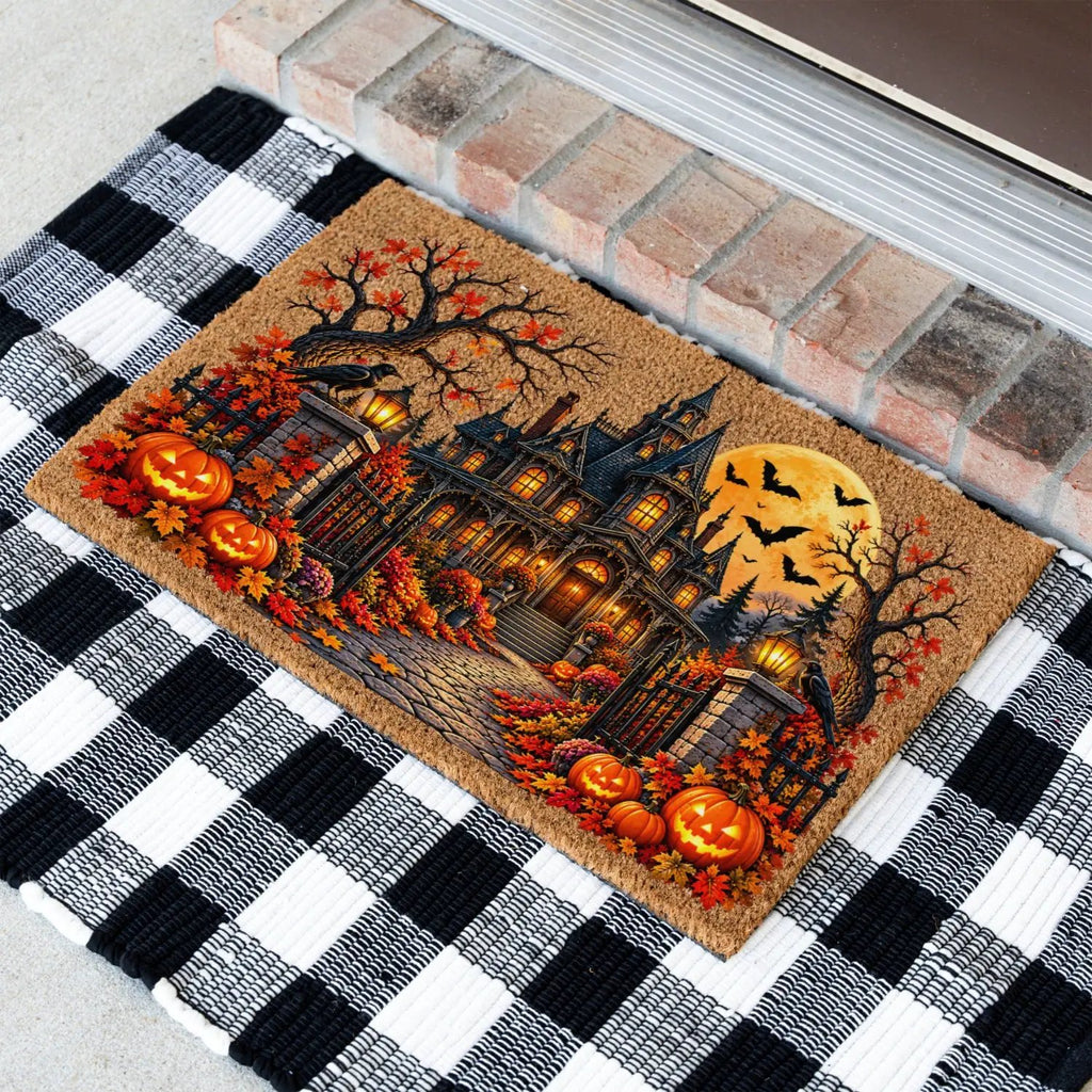 Spooky Mansion Doormat, Haunted House Halloween Welcome Mat, Raven & Pumpkin Coir Doormat, Gothic Fall Porch Decor, Halloween Door Mat