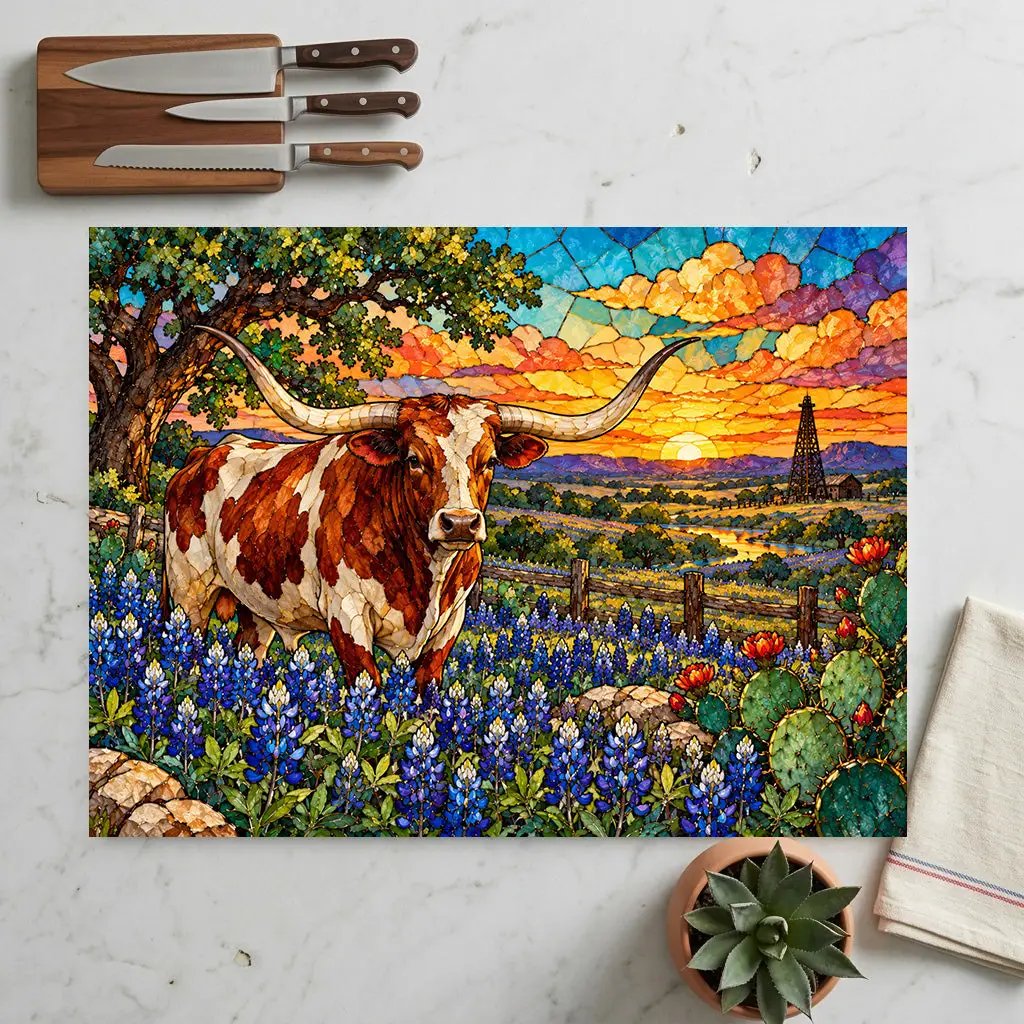 Texas Longhorn Glass Cutting Board, Bluebonnet Kitchen Decor, Texas Cow Gift, Western Kitchen Decor, Texas Housewarming Gift